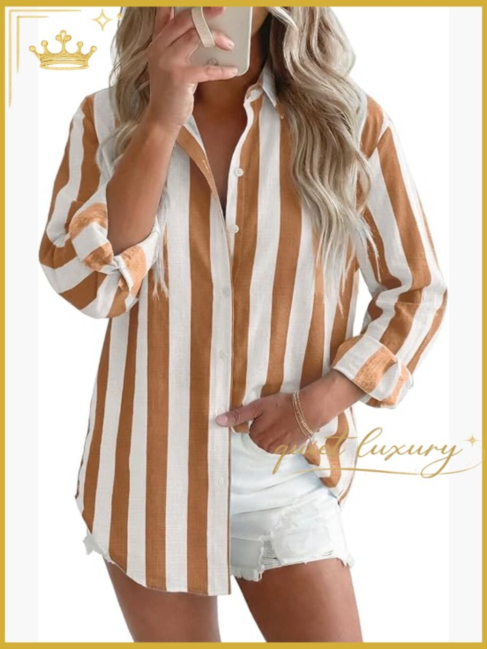 Striped Linen Button Down Shirt Long Sleeve Blouse Collared Summer Beach